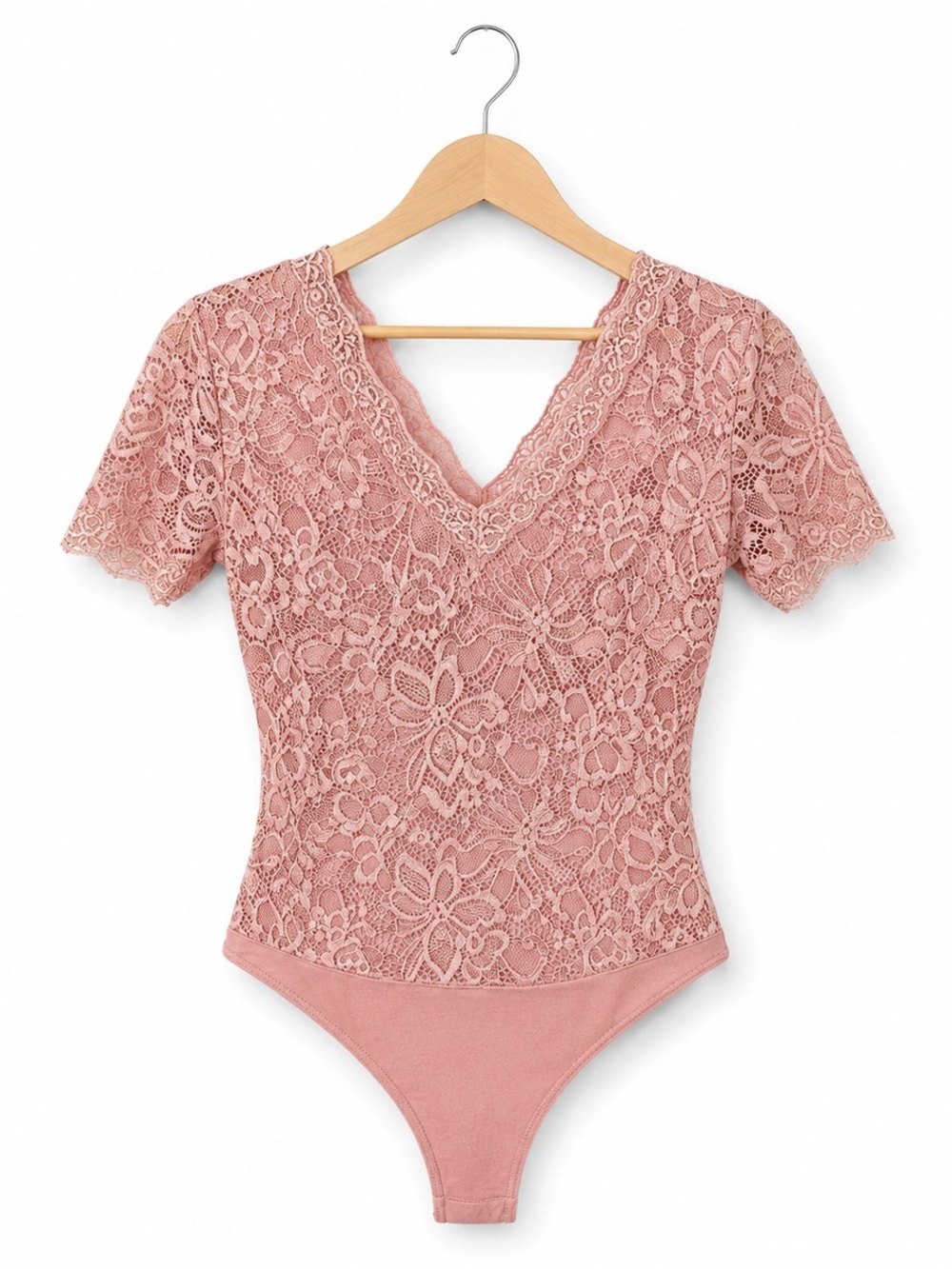 Papaya Blush Pink Lace Bodysuit Floral Scallop Neck Romantic Top L